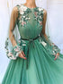 Long Sleeves Tulle A Line Sweetheart Applique Prom Dresses LBQ0799